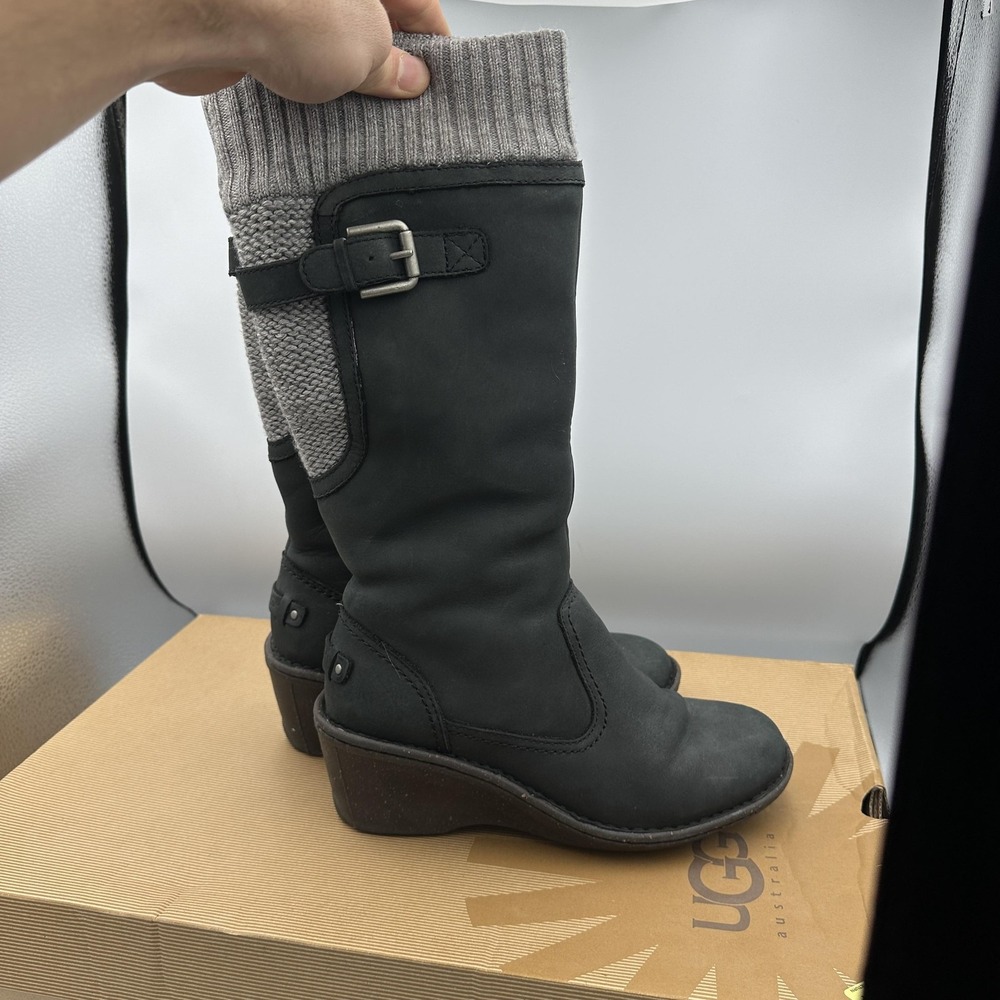 UGG Boots Womens Size 7 Black Skyfall Wedge Shearling Knit Cuff 1006145 - Picture 7 of 16
